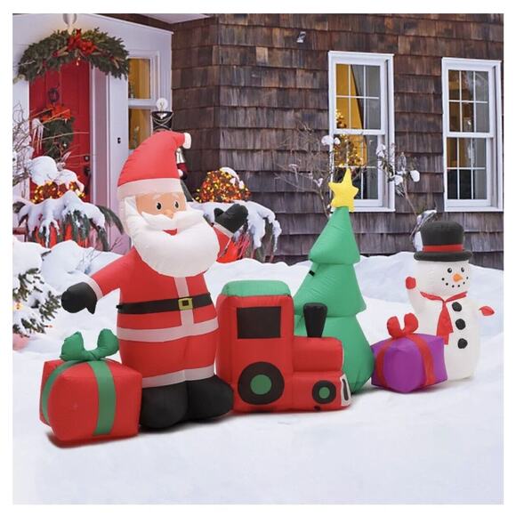 Holiday Time Santa Snowman Train Christmas Tree Collection Scene 9' Inflatable - Picture 1 of 10